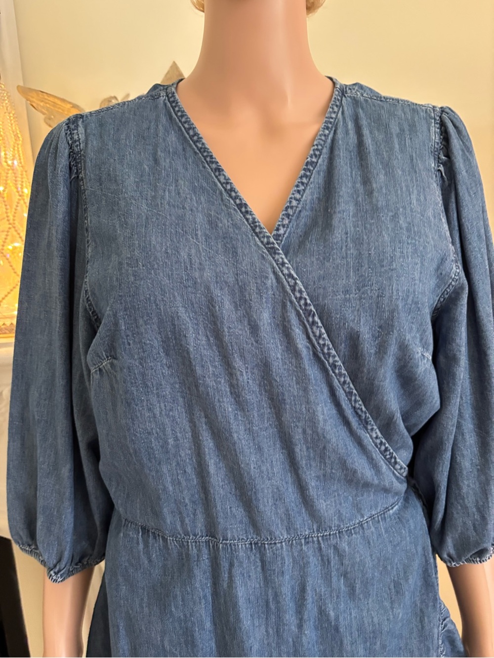 Denim Blue Wrap Ruffle Mini Dress with Puff Sleeves - Picture 4 of 14